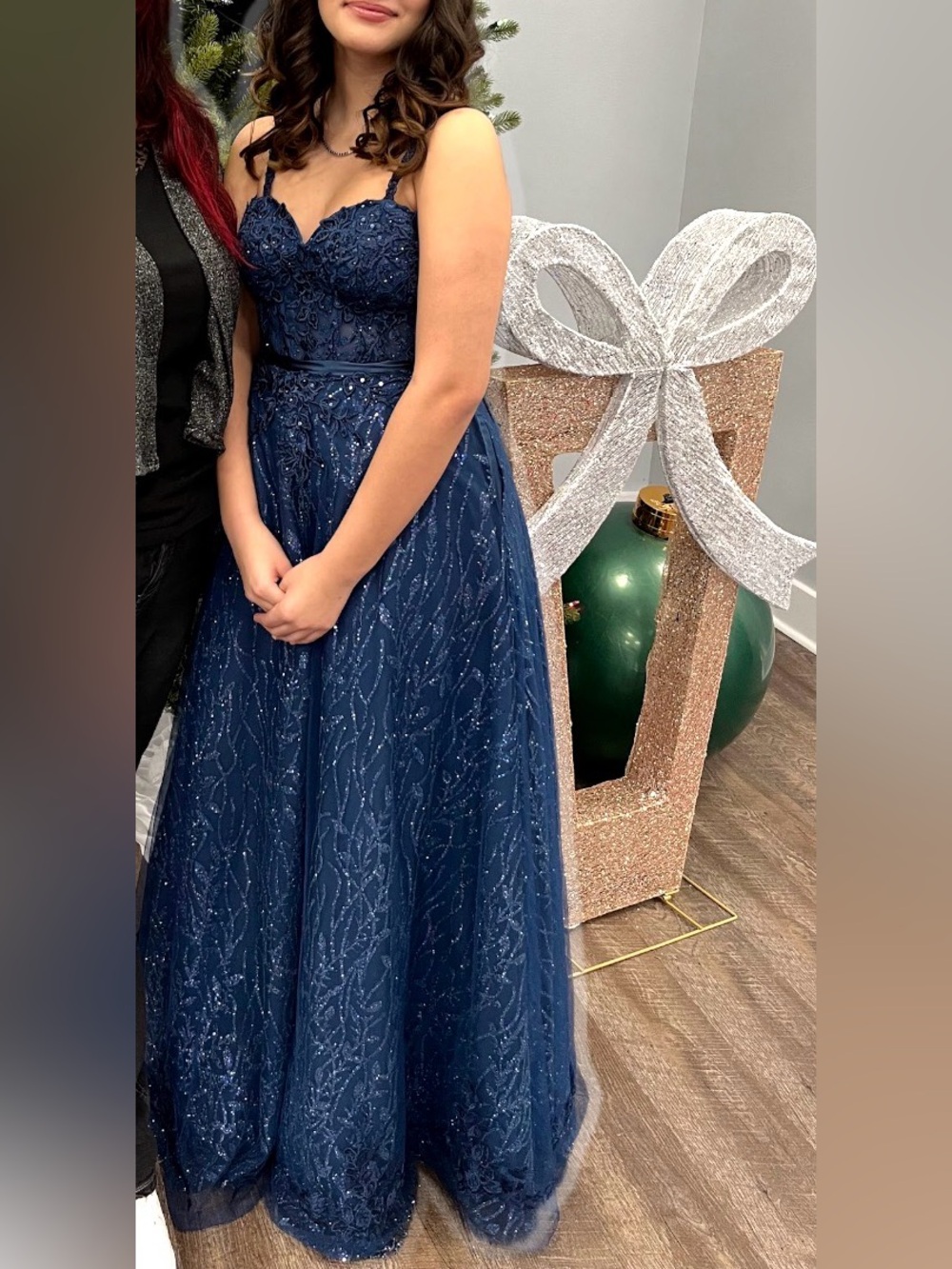 Navy Beaded Prom Gown with Spaghetti Straps